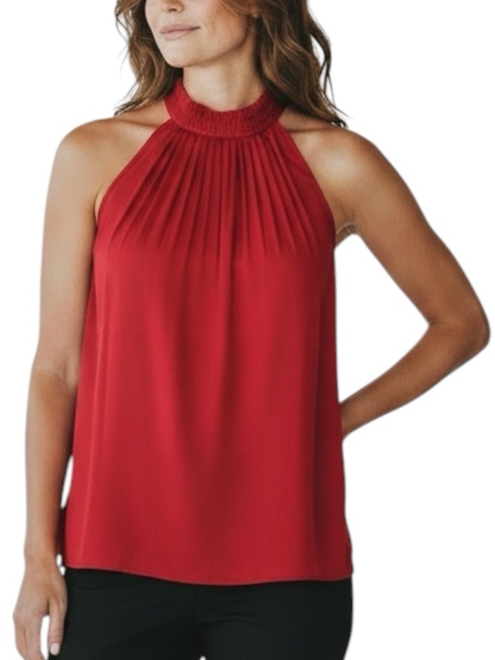 NWT WHITE HOUSE BLACK MARKET Red Pleated Sleeveless Halter Neck Blouse Size 14